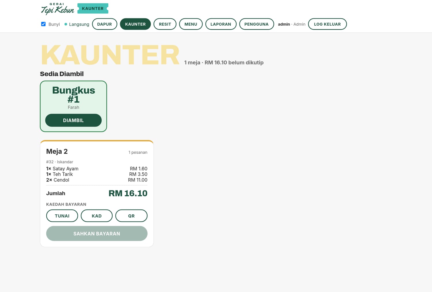 MejaQR cashier screen settling a table bill with cash, card or QR payment and printable receipts