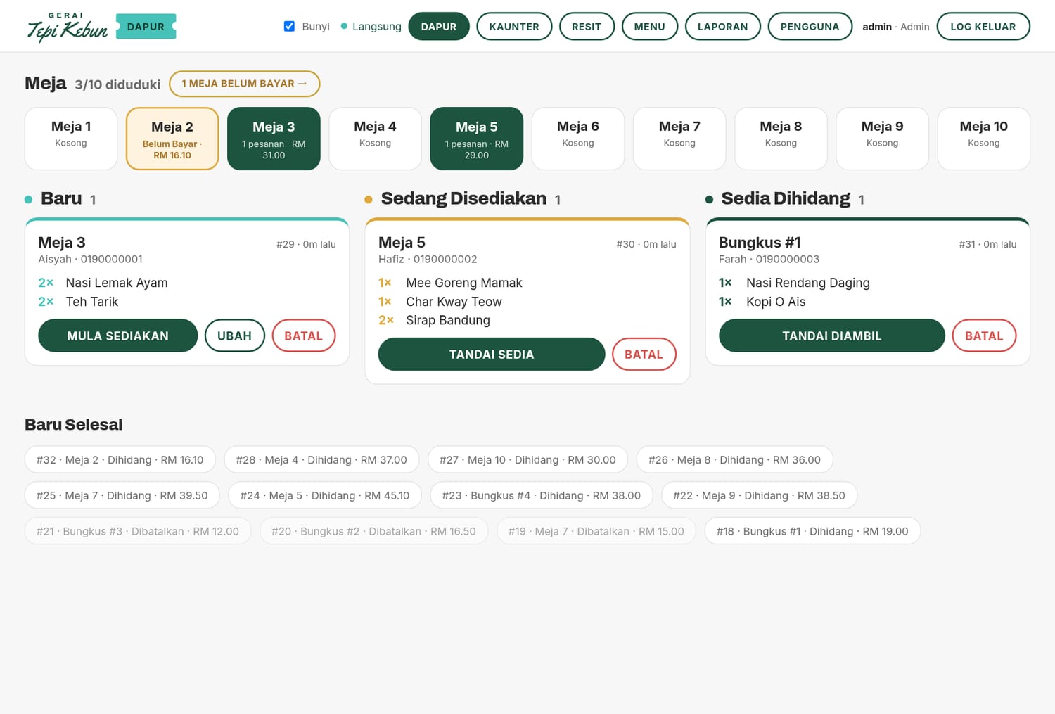 MejaQR live kitchen display board showing orders moving through Baru, Sedang Disediakan and Sedia Dihidang
