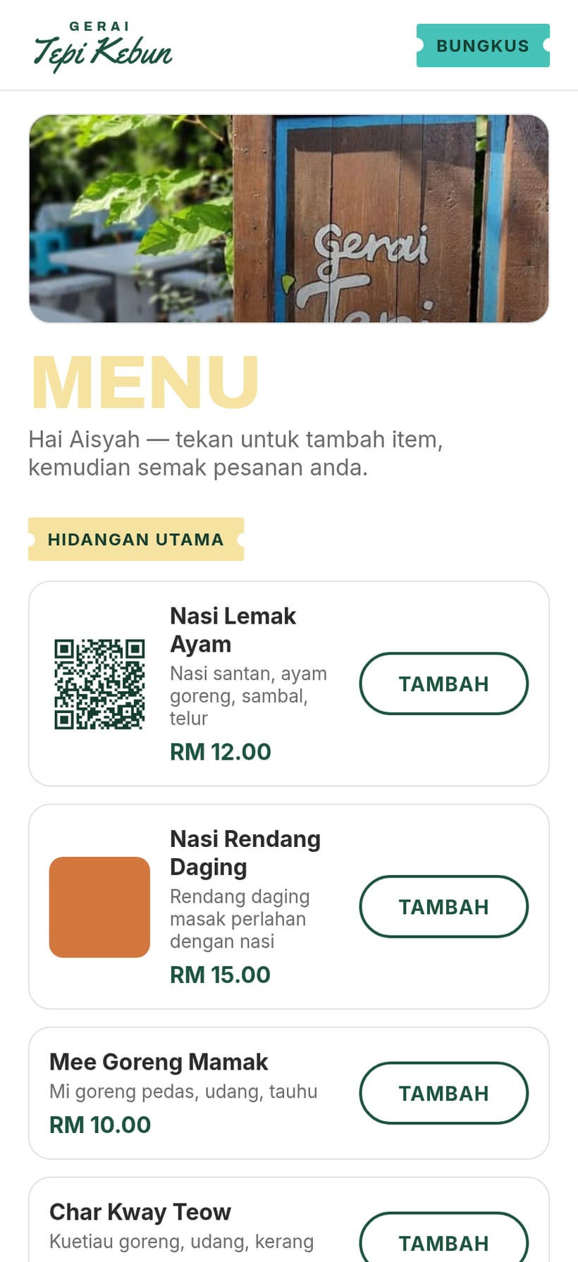 MejaQR customer ordering screen: a restaurant QR menu in Bahasa Malaysia with food photos, prices and add-to-cart buttons